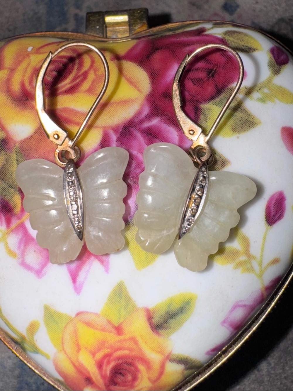 Vintage 10K Gold Green Jade/Diamond Butterfly Drop Dangle lever earrings - Picture 1 of 8